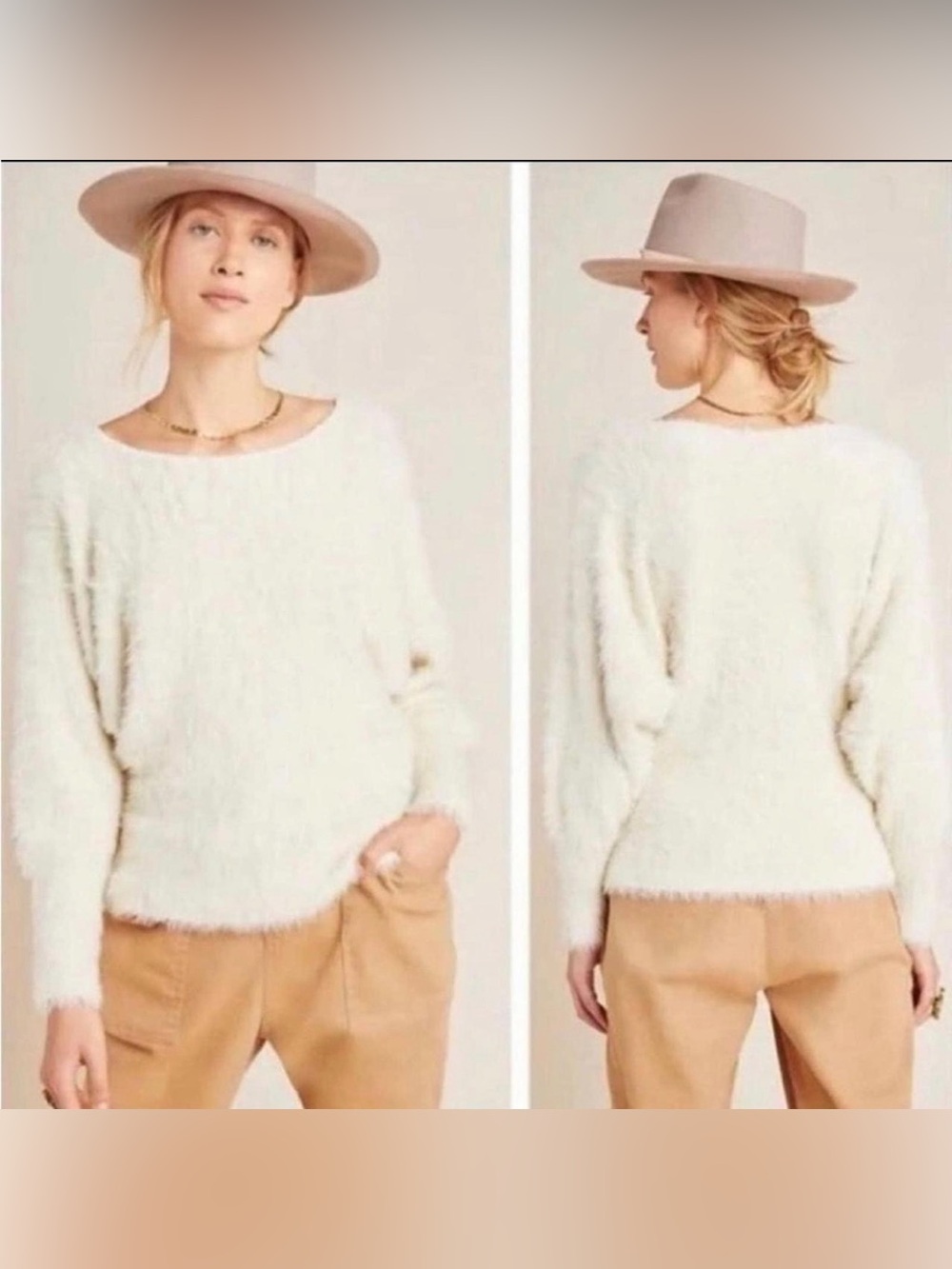 Anthropologie Cream Fuzzy Scoopneck Sweater